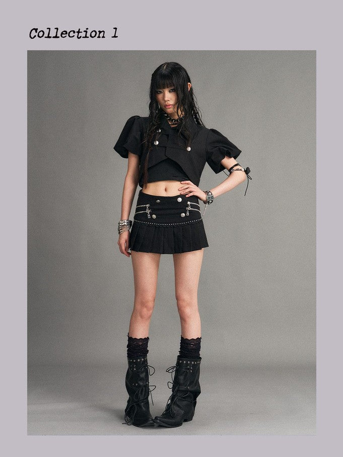 Frustration Garden Punk Metal Zipper Pleated Low Waist A Line Women&