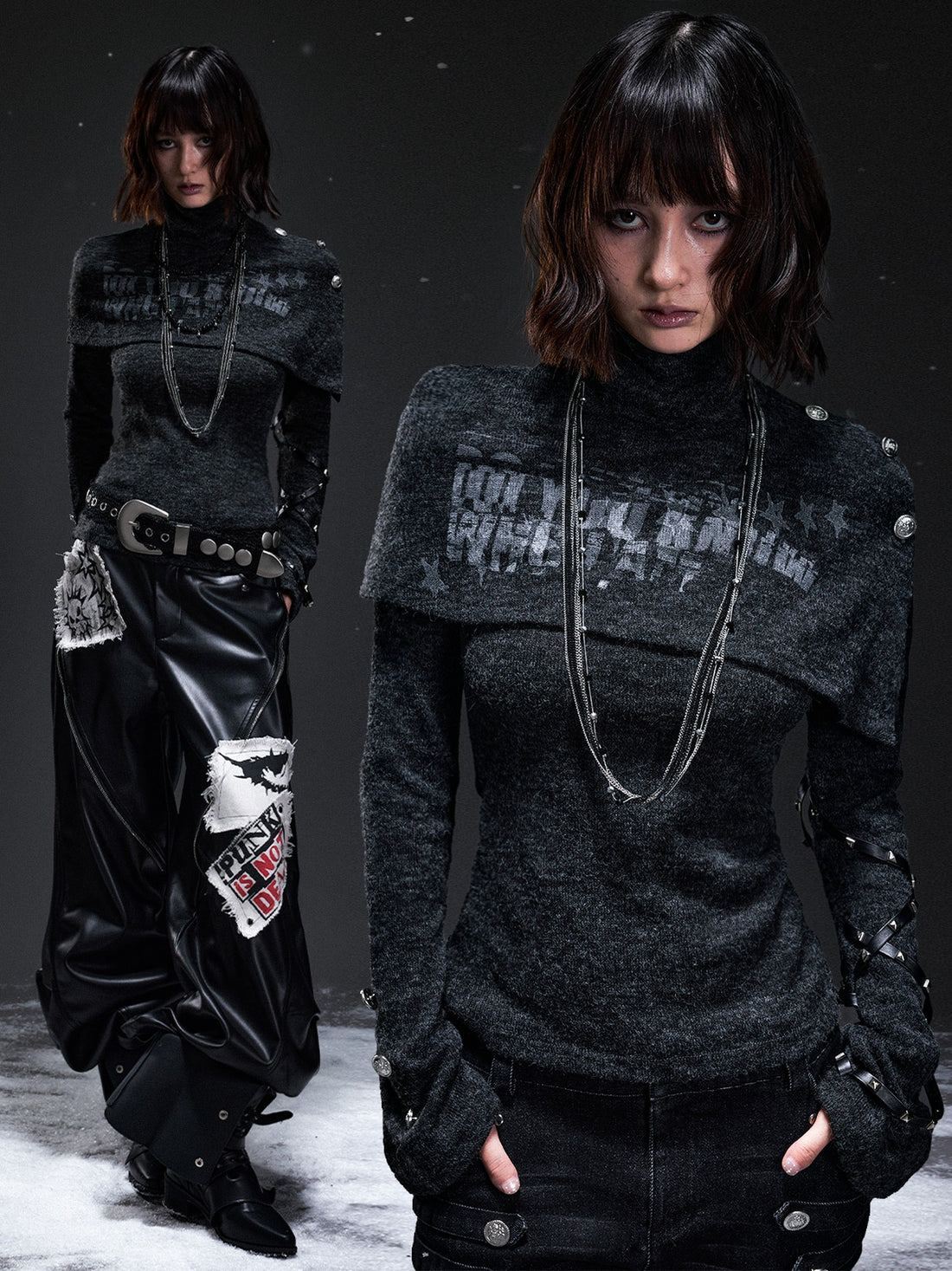 Frustration Garden Punk Print Faux Layered Cape Asymmetric Button Women&