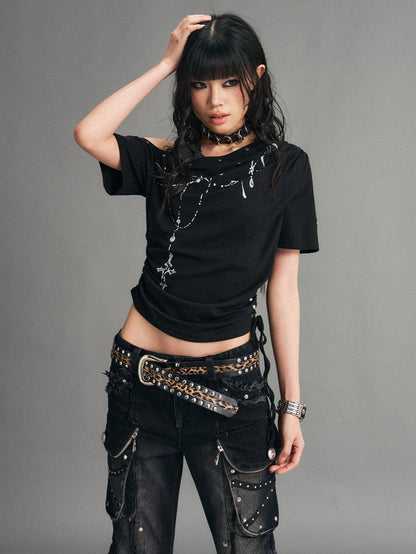 Frustration Garden Punk Print Ruched Asymmetrical Layered Halter Women&