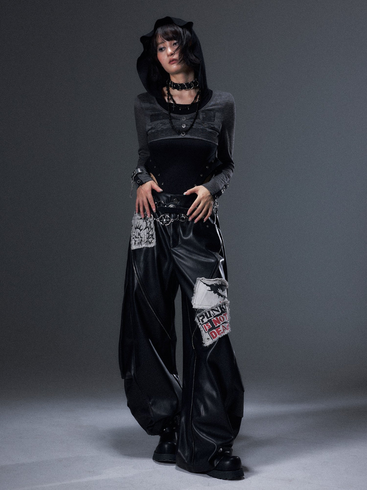 Frustration Garden Punk Printed Studded Faux Two Piece Hooded Slim Women&