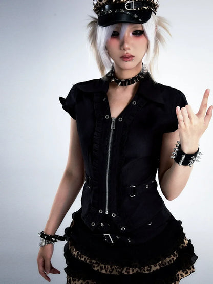 Frustration Garden Punk Retro Lace Trim Crop Shirt
