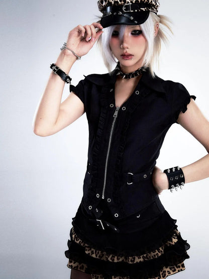 Frustration Garden Punk Retro Lace Trim Crop Shirt