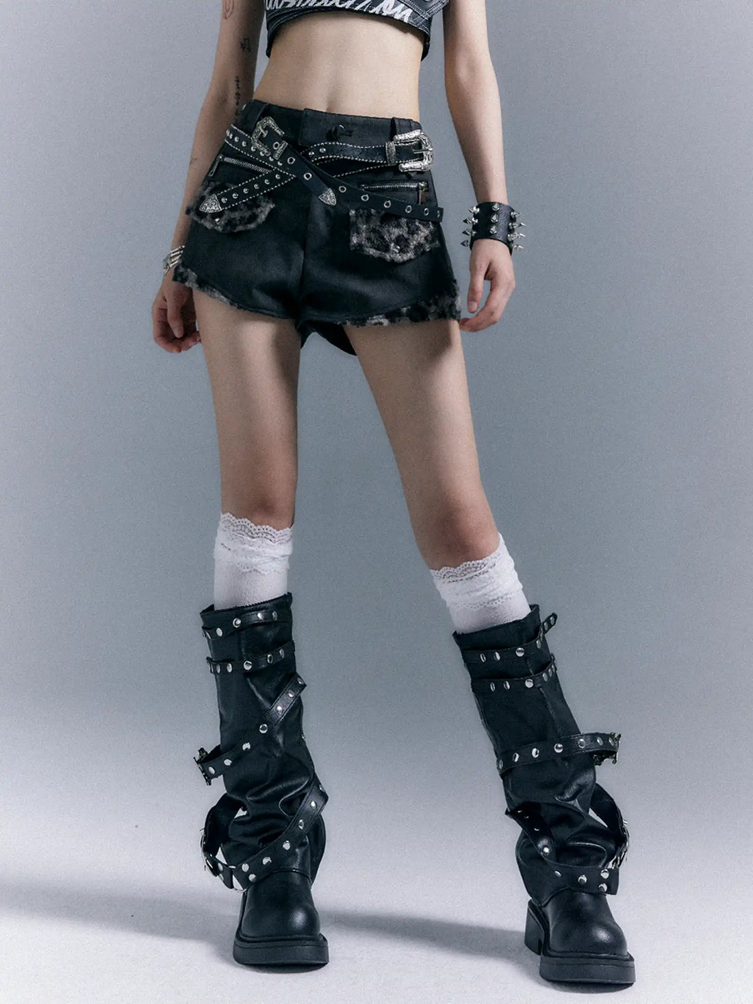 Frustration Garden Punk Retro Leopard Patchwork Leather Shorts