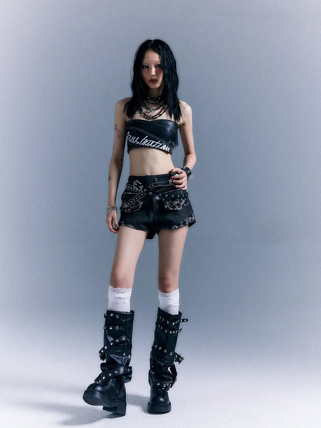 Frustration Garden Punk Retro Leopard Patchwork Leather Shorts