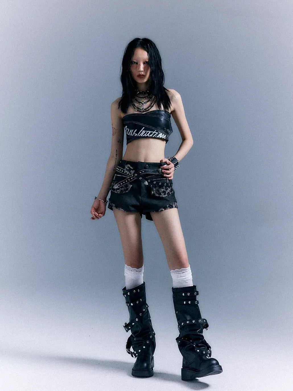 Frustration Garden Punk Retro Leopard Patchwork Leather Shorts