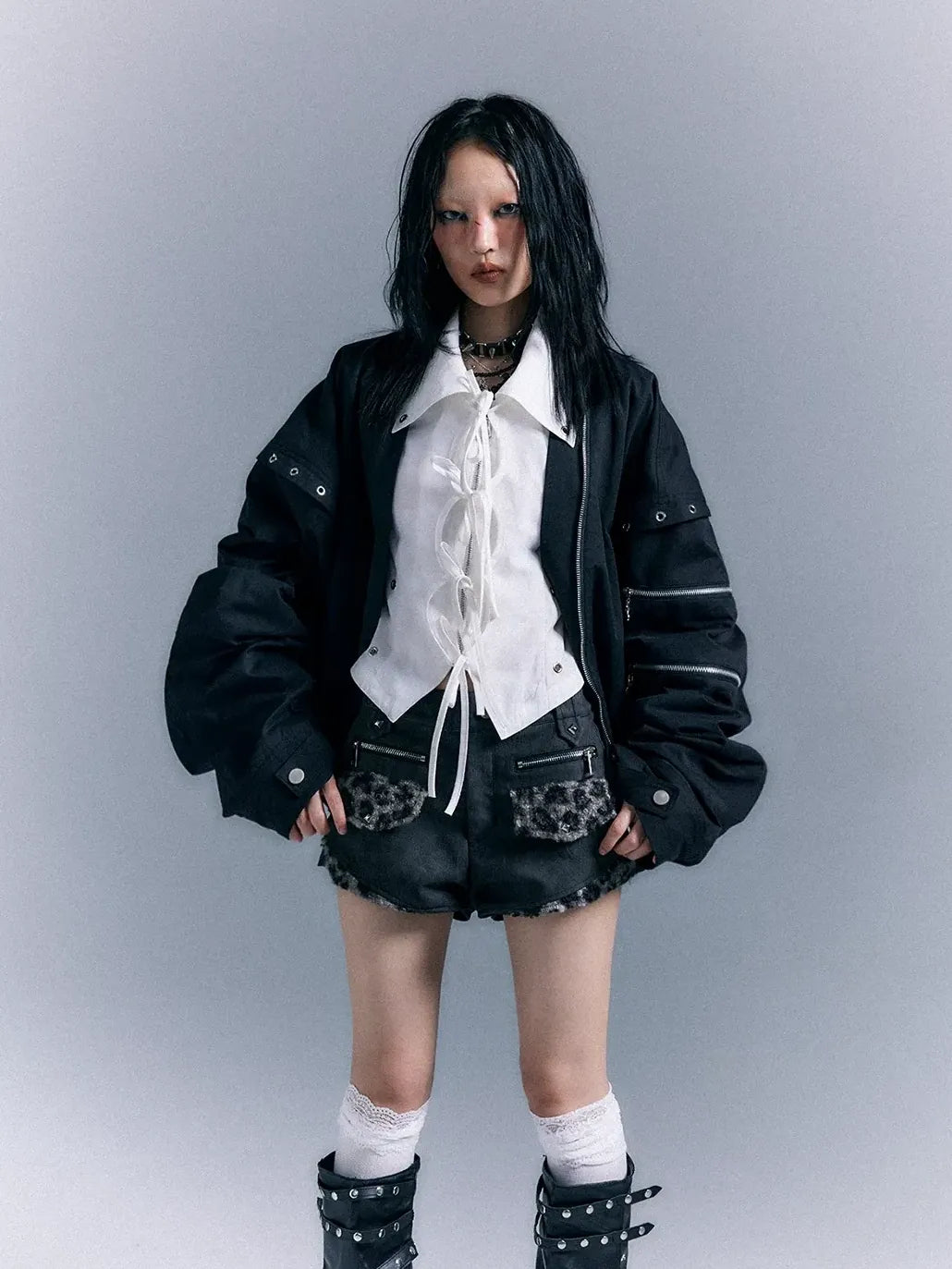 Frustration Garden Punk Retro Leopard Patchwork Leather Shorts