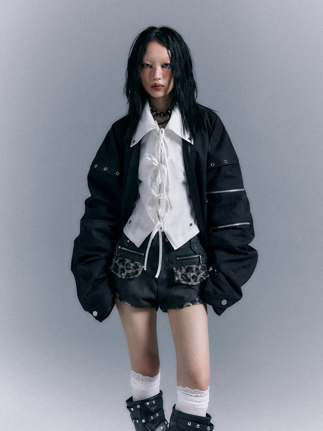 Frustration Garden Punk Retro Leopard Patchwork Leather Shorts