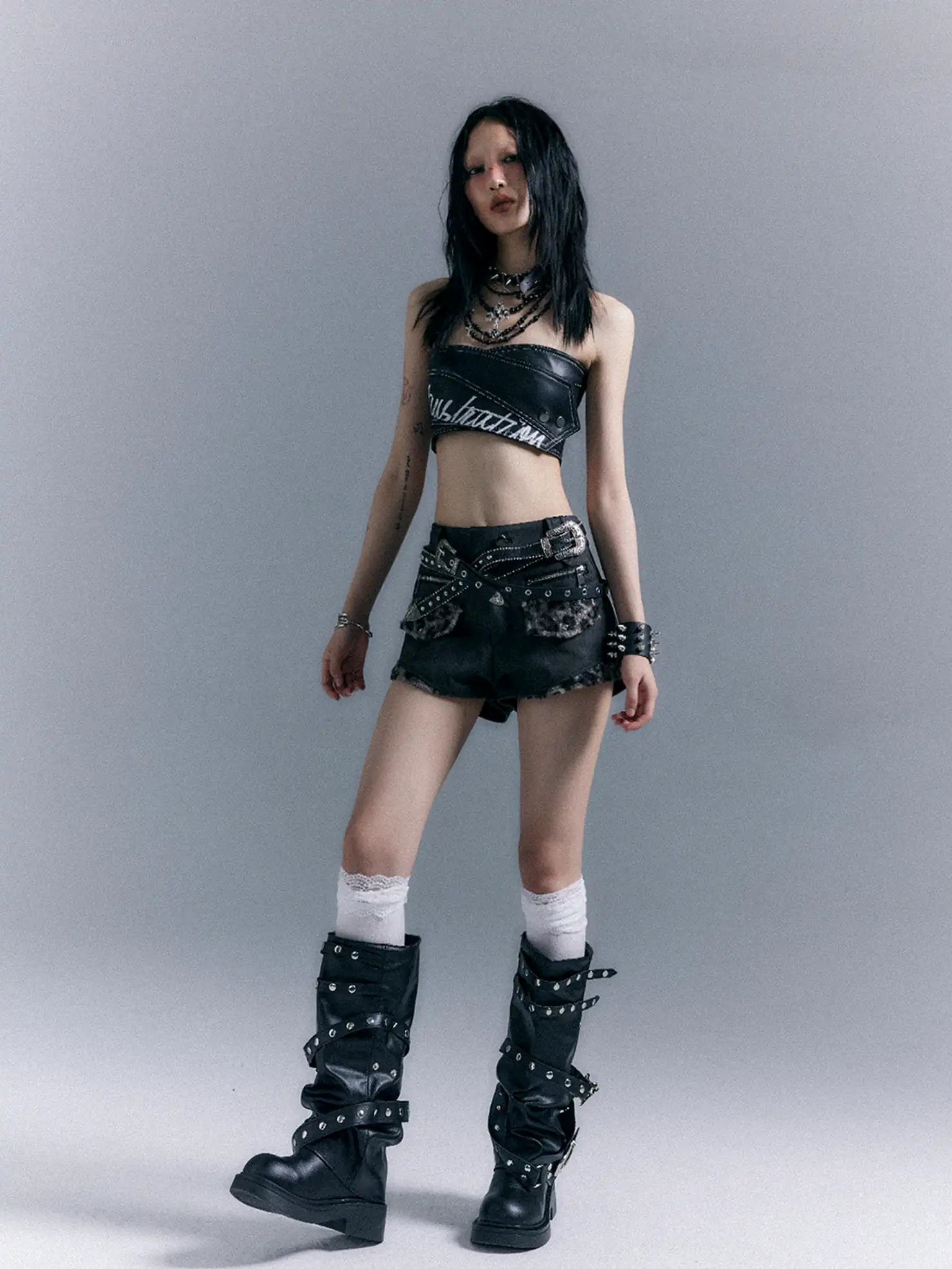 Frustration Garden Punk Retro Leopard Patchwork Leather Shorts