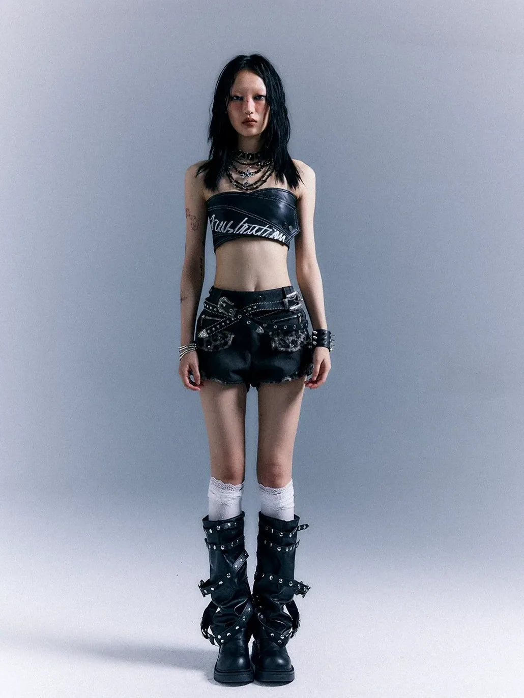 Frustration Garden Punk Retro Leopard Patchwork Leather Shorts