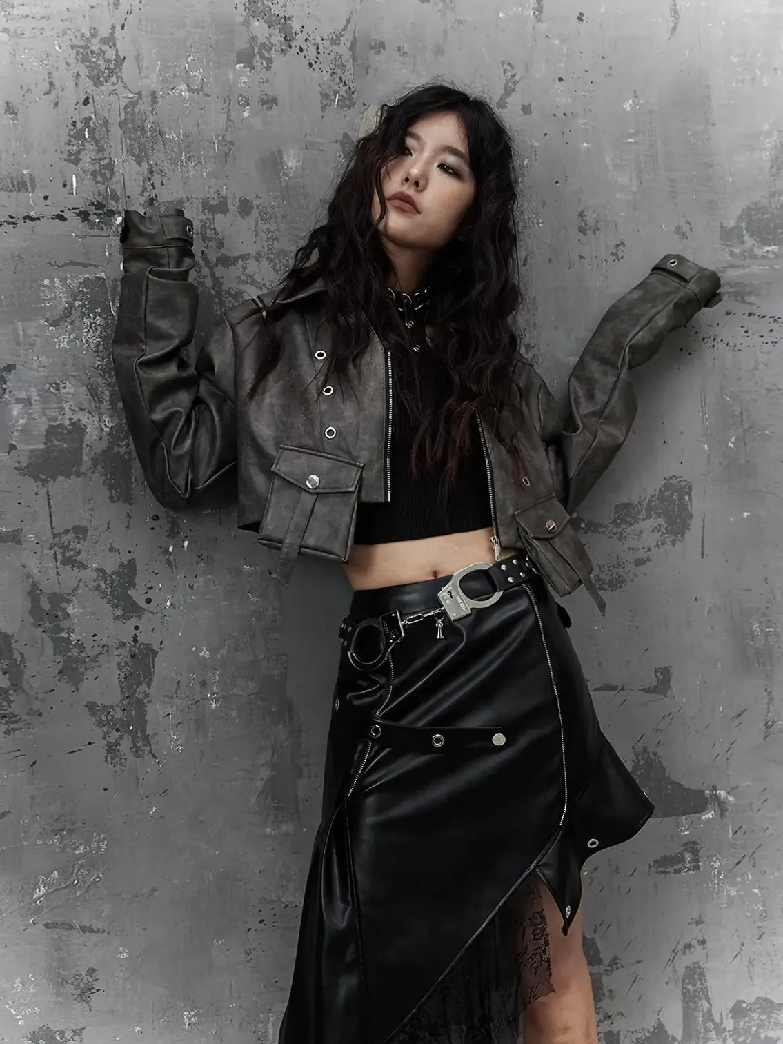 Frustration Garden Punk Retro Tie Dye Cropped Pu Leather Jacket