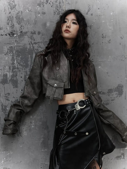 Frustration Garden Punk Retro Tie Dye Cropped Pu Leather Jacket