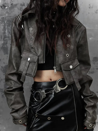 Frustration Garden Punk Retro Tie Dye Cropped Pu Leather Jacket