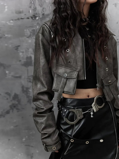 Frustration Garden Punk Retro Tie Dye Cropped Pu Leather Jacket