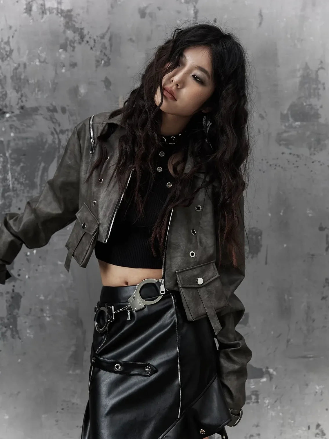 Frustration Garden Punk Retro Tie Dye Cropped Pu Leather Jacket