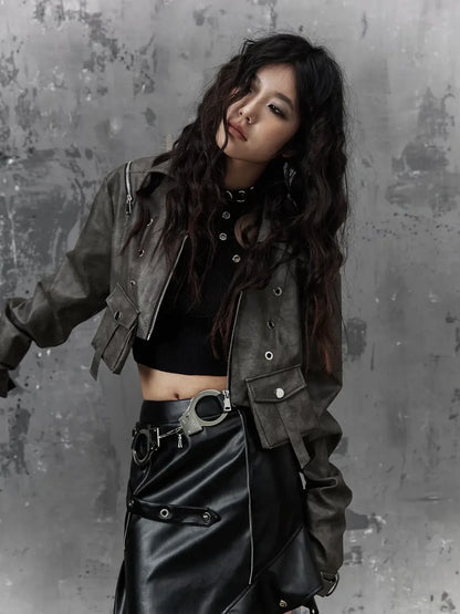 Frustration Garden Punk Retro Tie Dye Cropped Pu Leather Jacket