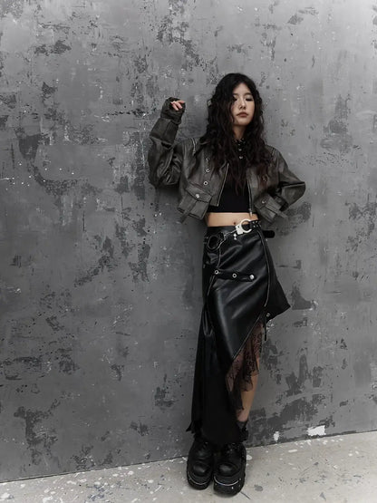 Frustration Garden Punk Retro Tie Dye Cropped Pu Leather Jacket