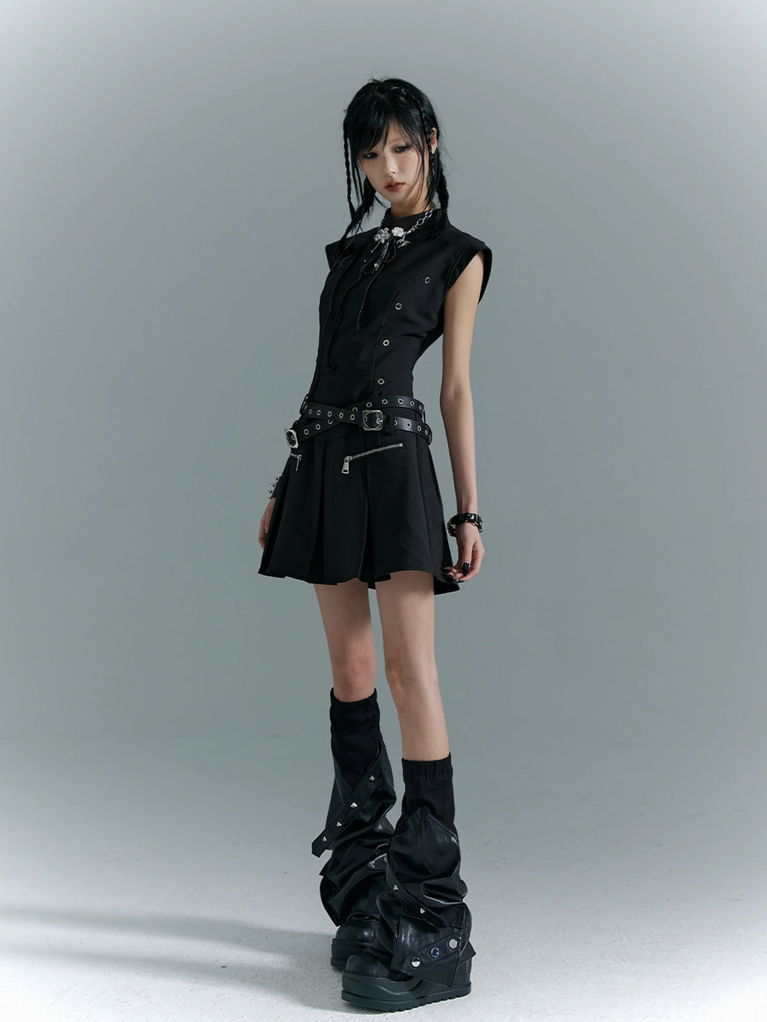 Punk Revival Embroidered Cheongsam Dress V-neck T-shirt Long Sleeve