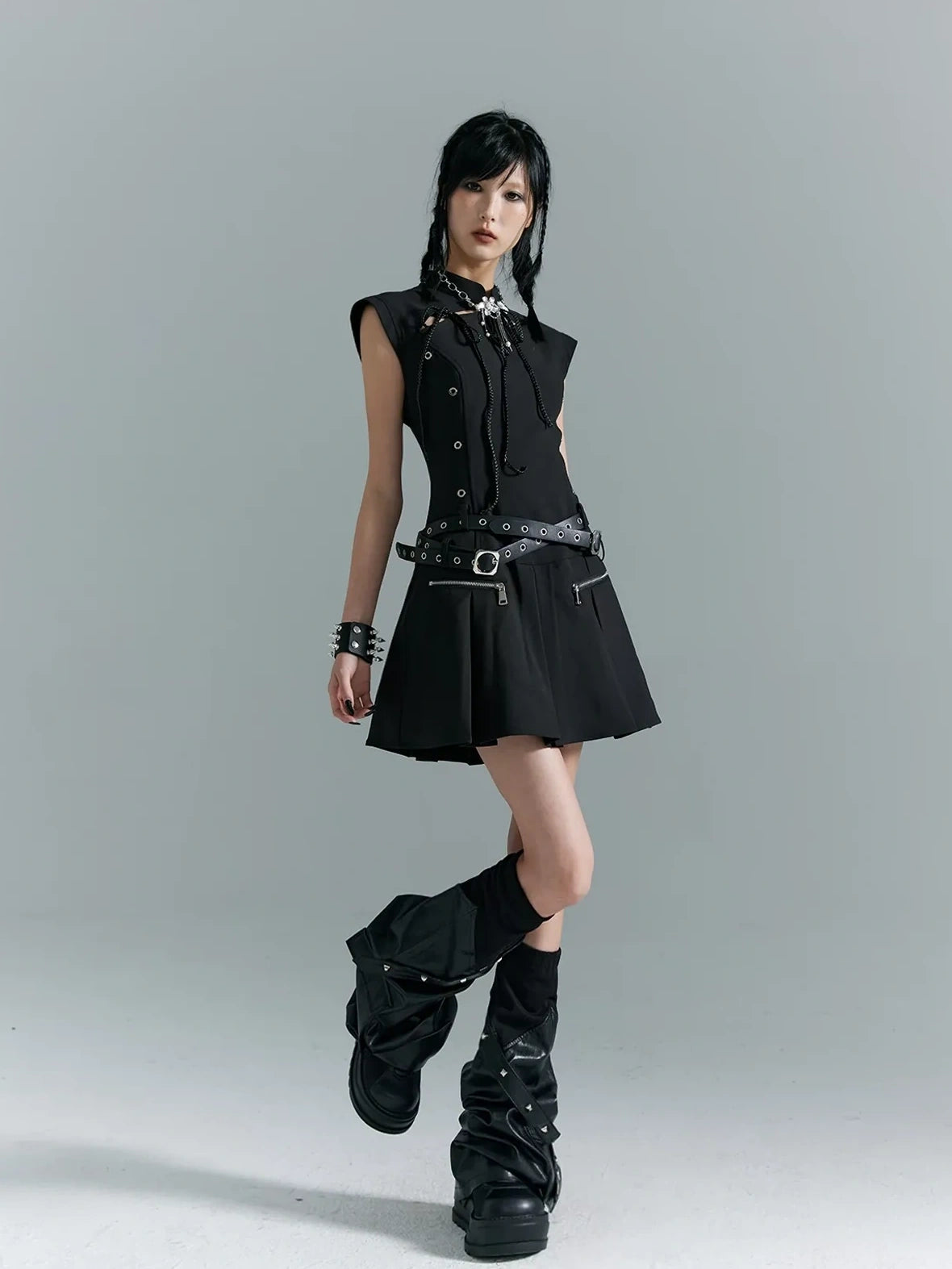 Punk Revival Embroidered Cheongsam Dress V-neck T-shirt Long Sleeve