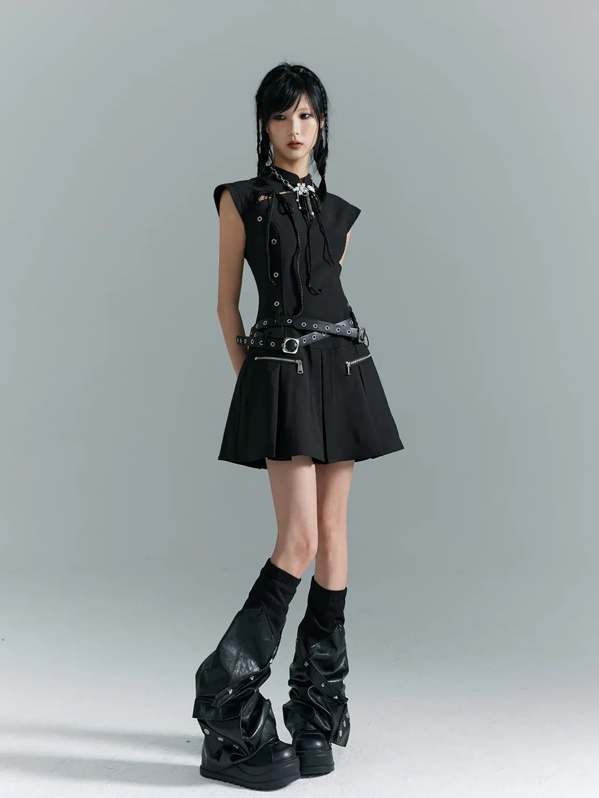 Punk Revival Embroidered Cheongsam Dress V-neck T-shirt Long Sleeve