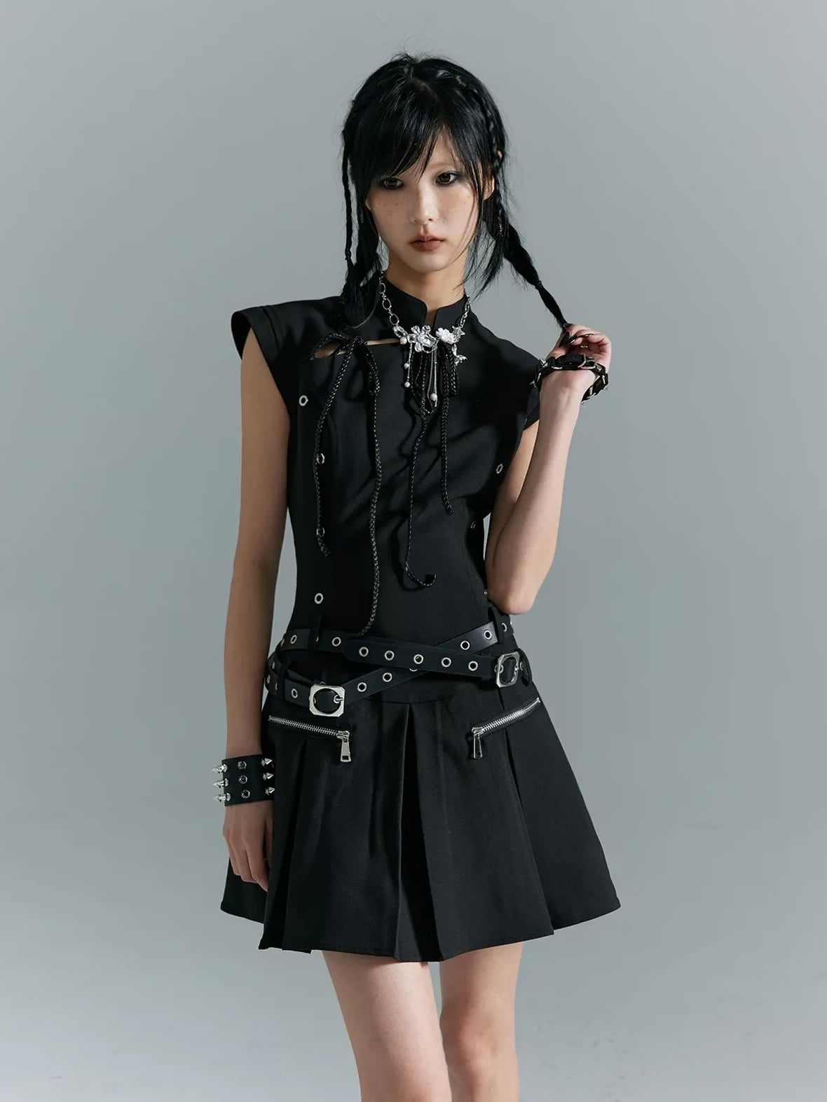 Punk Revival Embroidered Cheongsam Dress V-neck T-shirt Long Sleeve