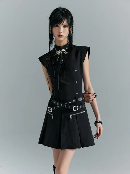 Punk Revival Embroidered Cheongsam Dress V-neck T-shirt Long Sleeve