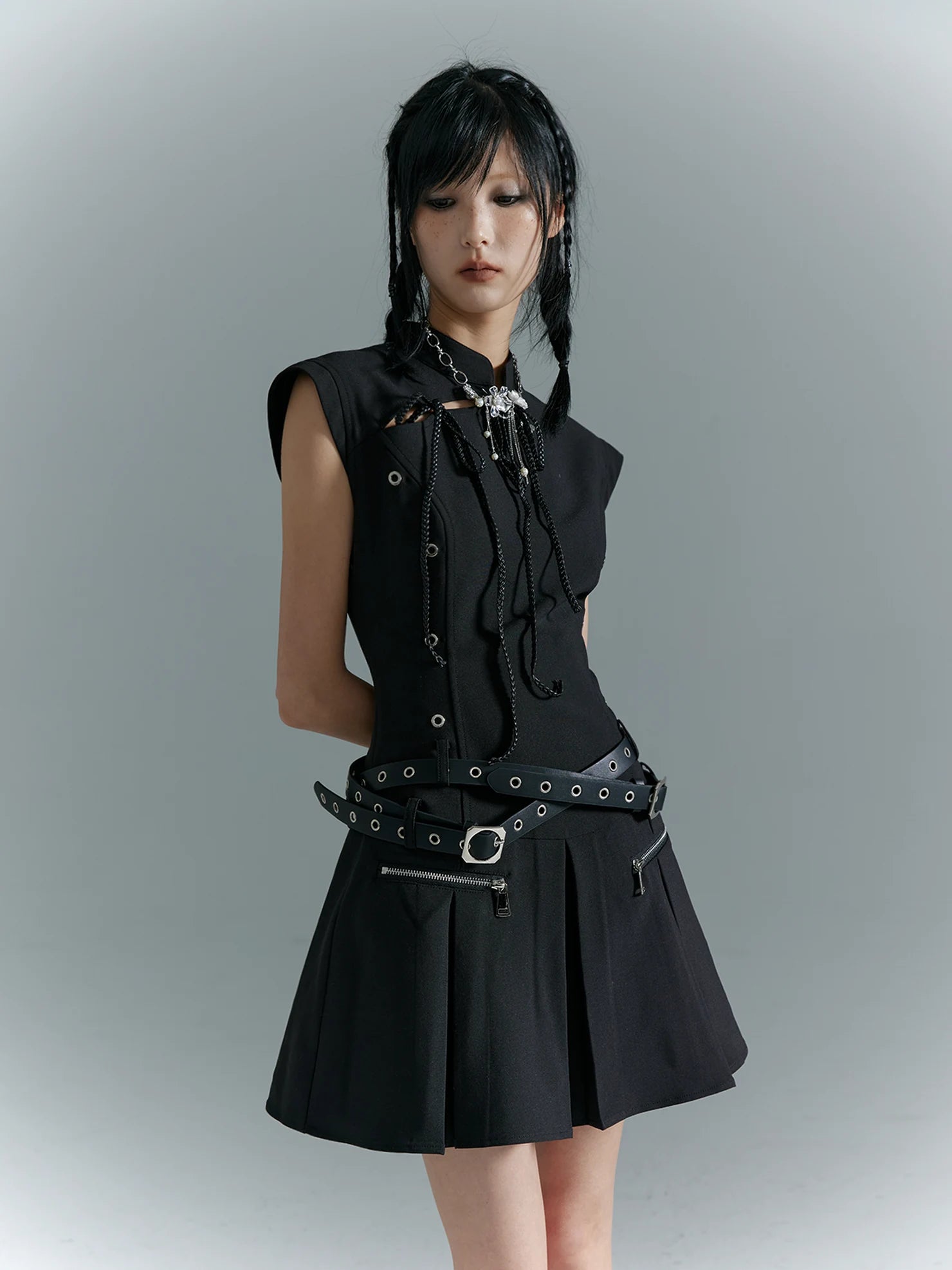 Punk Revival Embroidered Cheongsam Dress V-neck T-shirt Long Sleeve