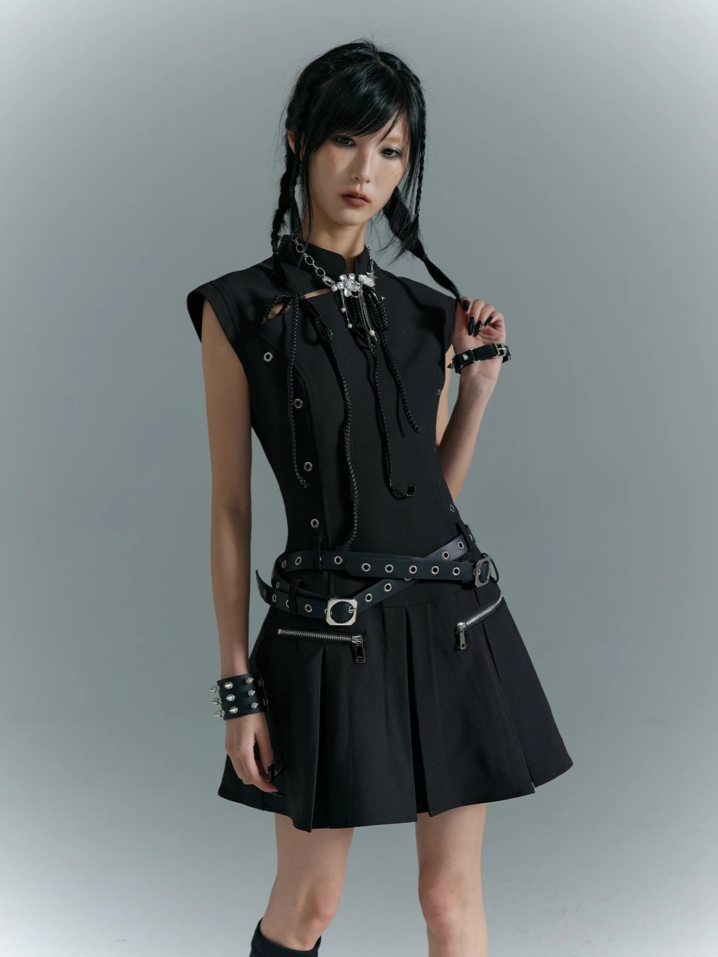 Punk Revival Embroidered Cheongsam Dress V-neck T-shirt Long Sleeve