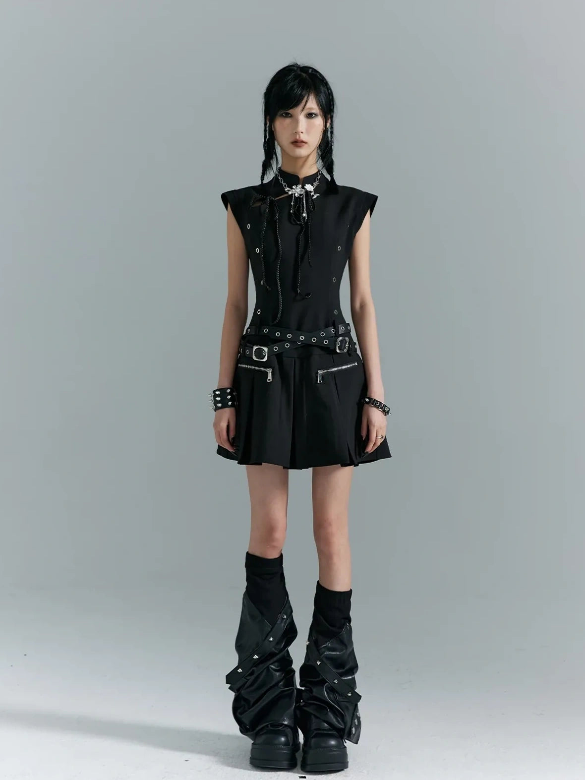 Punk Revival Embroidered Cheongsam Dress V-neck T-shirt Long Sleeve