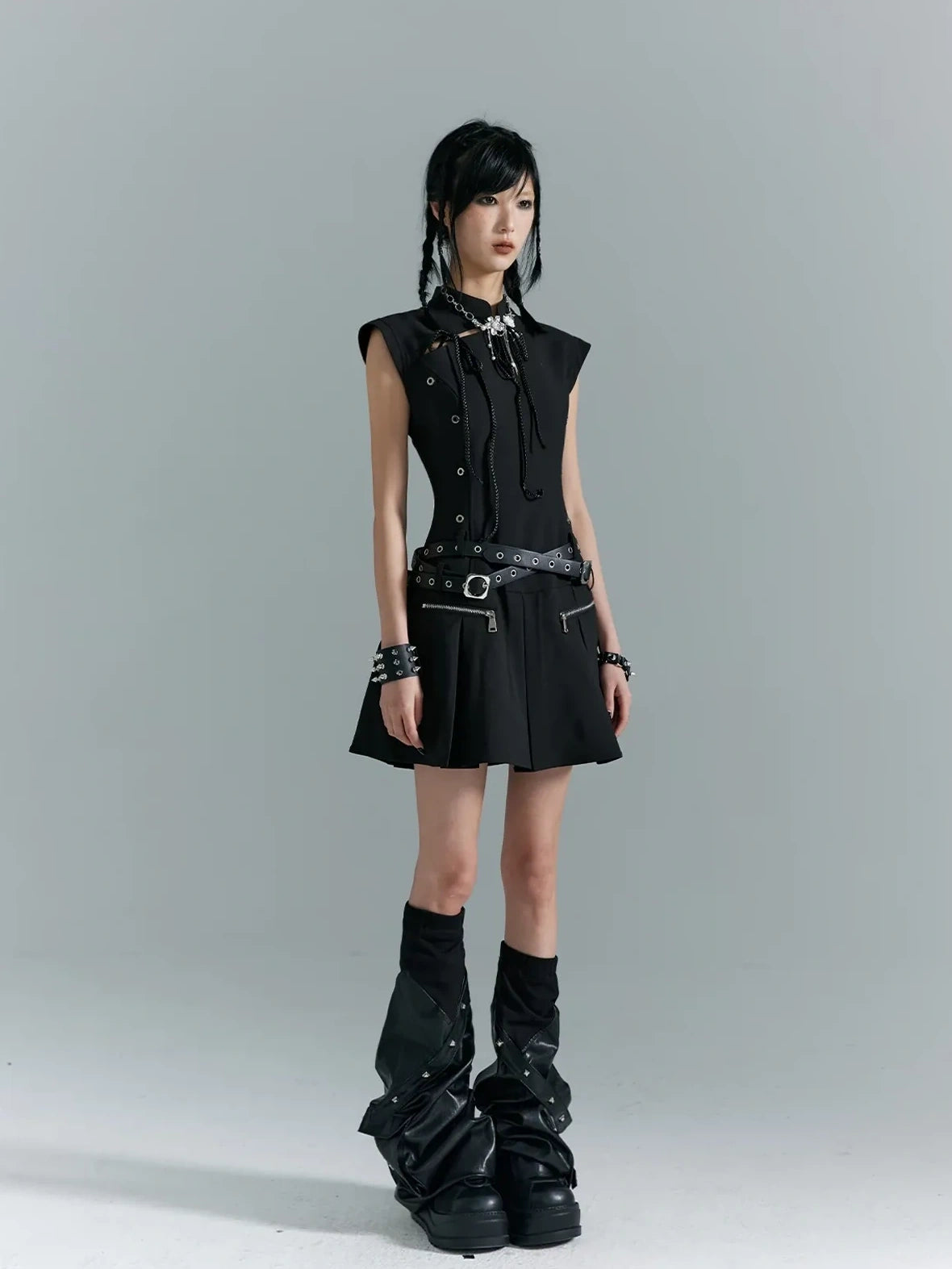 Punk Revival Embroidered Cheongsam Dress V-neck T-shirt Long Sleeve