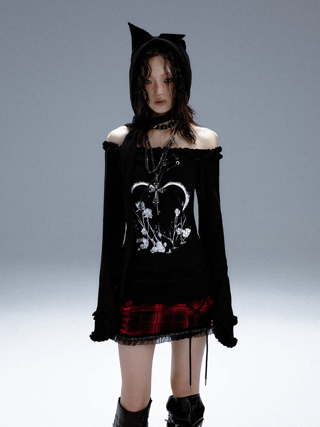Frustration Garden Punk Revival Print Hooded Knit Top