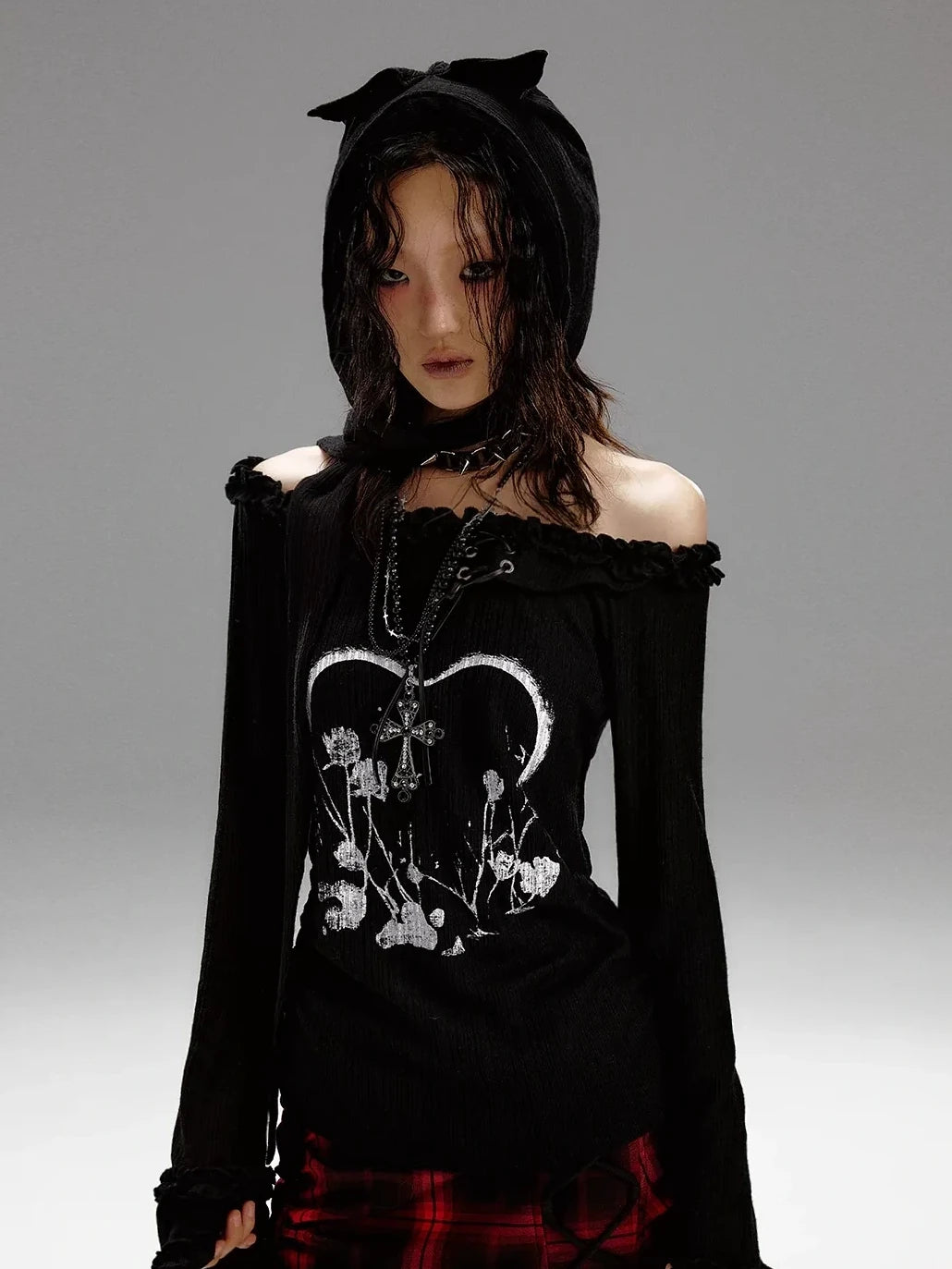 Frustration Garden Punk Revival Print Hooded Knit Top