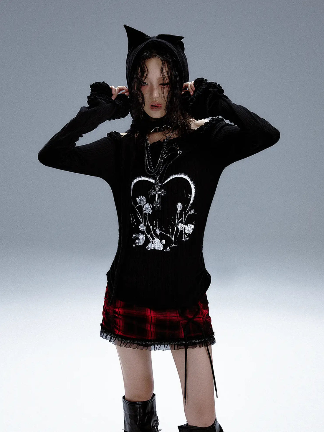 Frustration Garden Punk Revival Print Hooded Knit Top