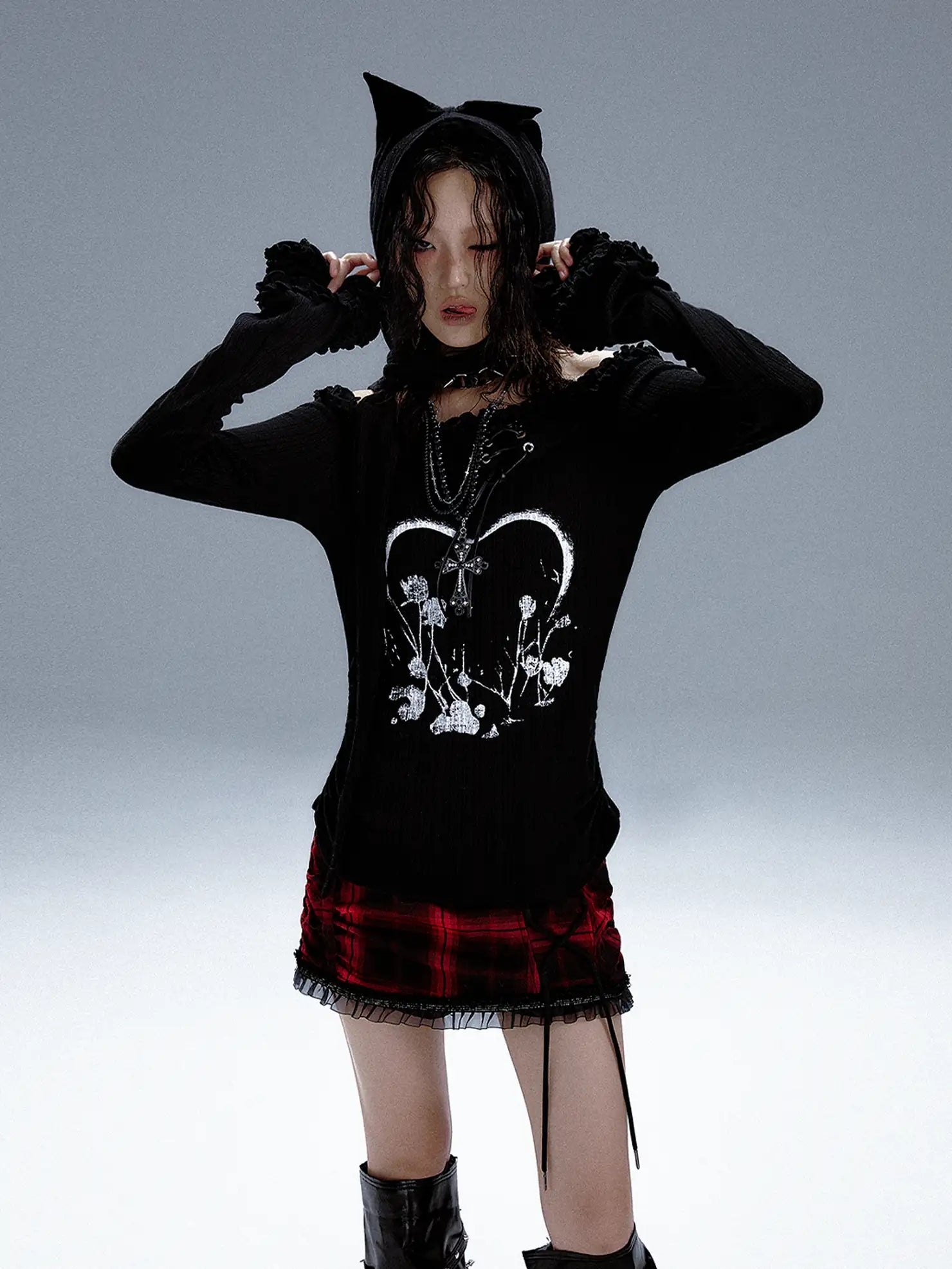 Frustration Garden Punk Revival Print Hooded Knit Top