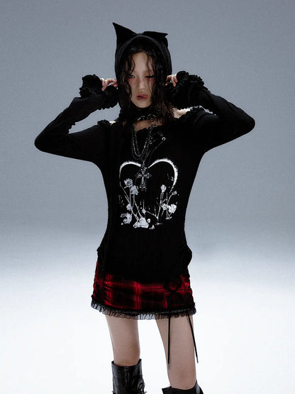 Frustration Garden Punk Revival Print Hooded Knit Top