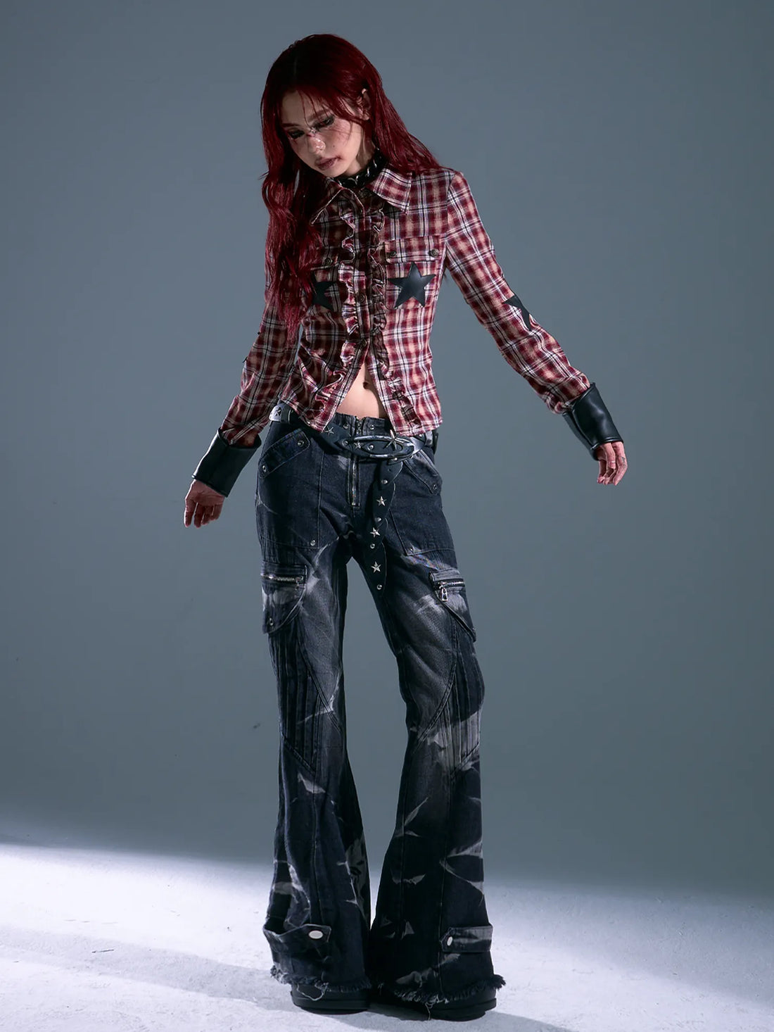 Punk Rock Check Star Shirt V-neck T-shirt Long Sleeve