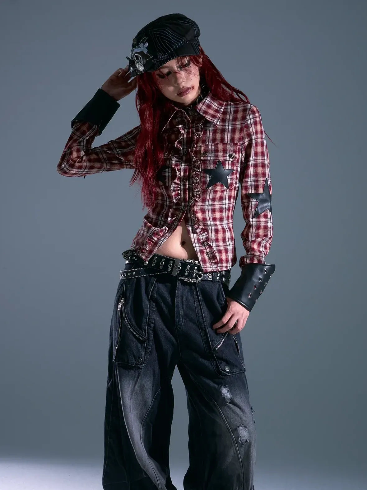 Punk Rock Check Star Shirt V-neck T-shirt Long Sleeve