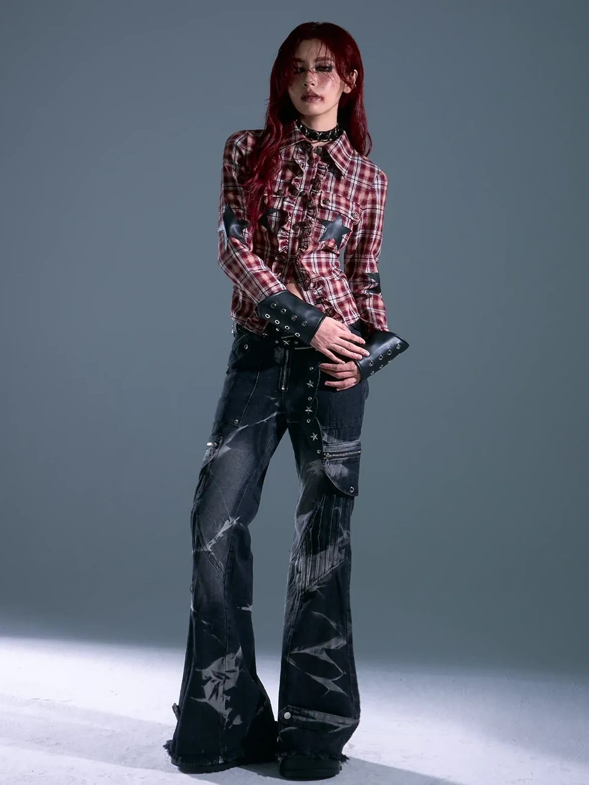 Punk Rock Check Star Shirt V-neck T-shirt Long Sleeve