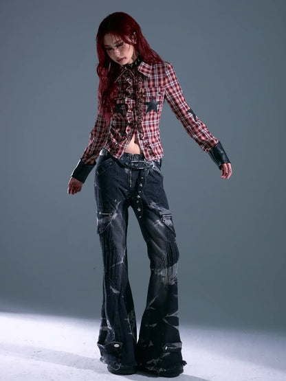 Punk Rock Check Star Shirt V-neck T-shirt Long Sleeve