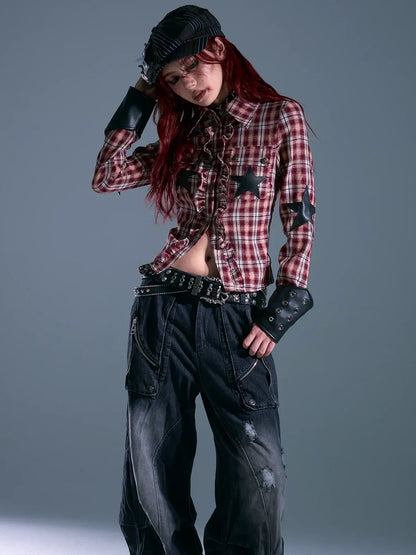 Punk Rock Check Star Shirt V-neck T-shirt Long Sleeve