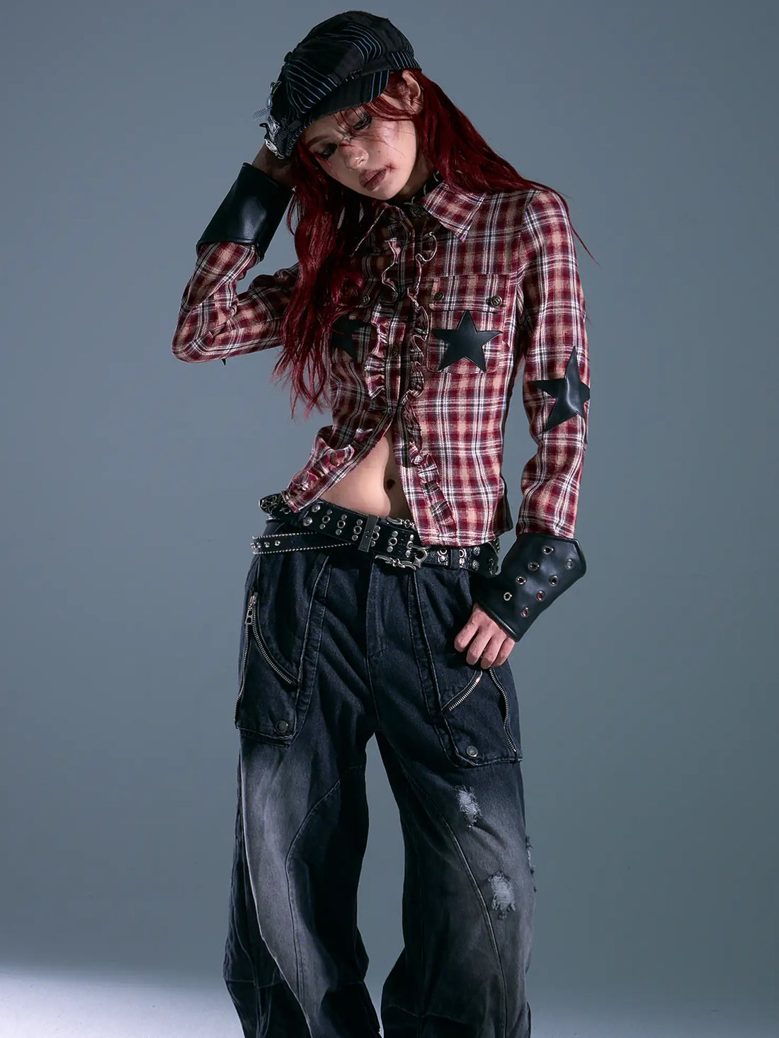 Punk Rock Check Star Shirt V-neck T-shirt Long Sleeve
