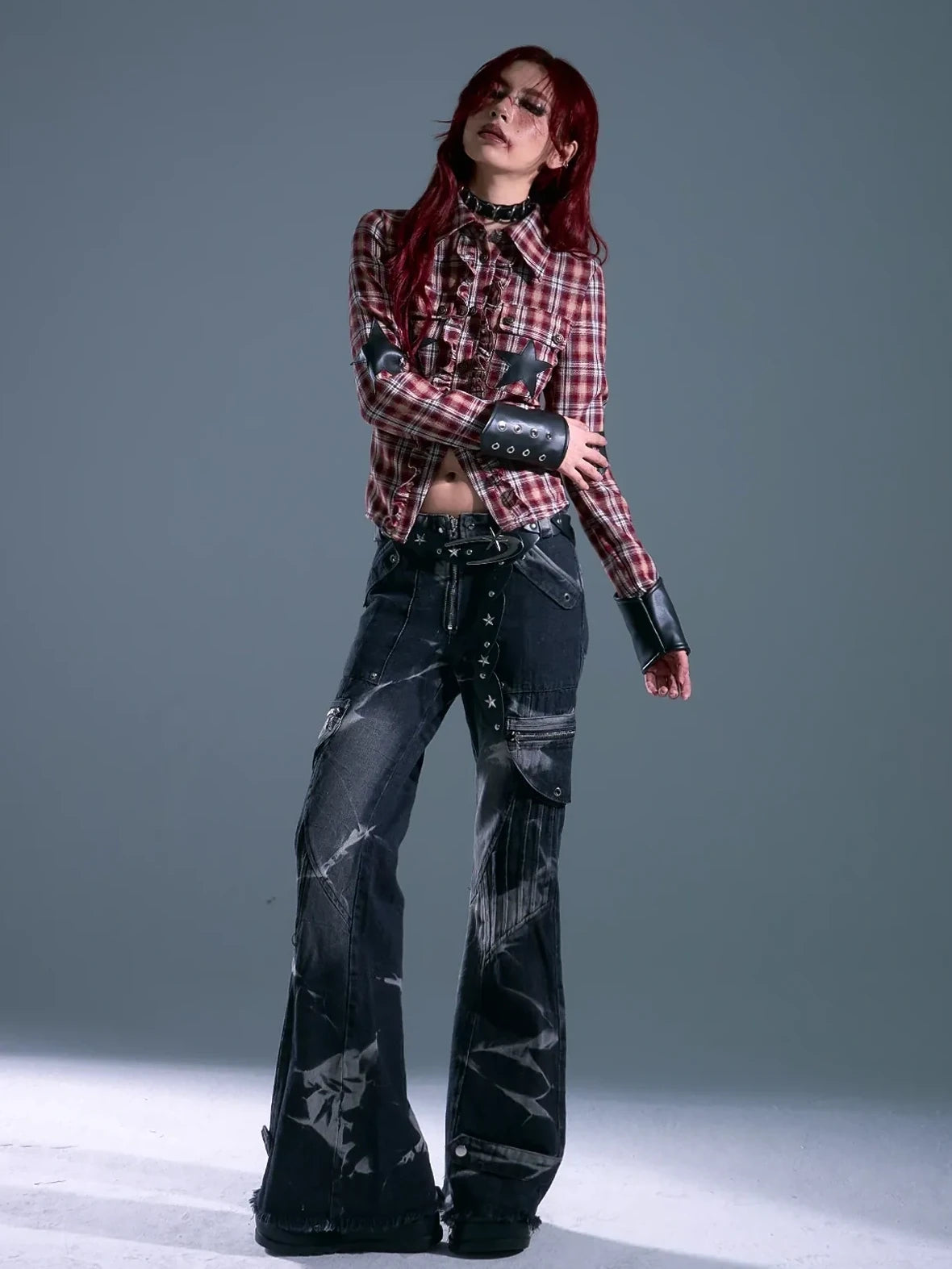Punk Rock Check Star Shirt V-neck T-shirt Long Sleeve