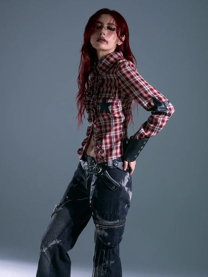 Punk Rock Check Star Shirt V-neck T-shirt Long Sleeve