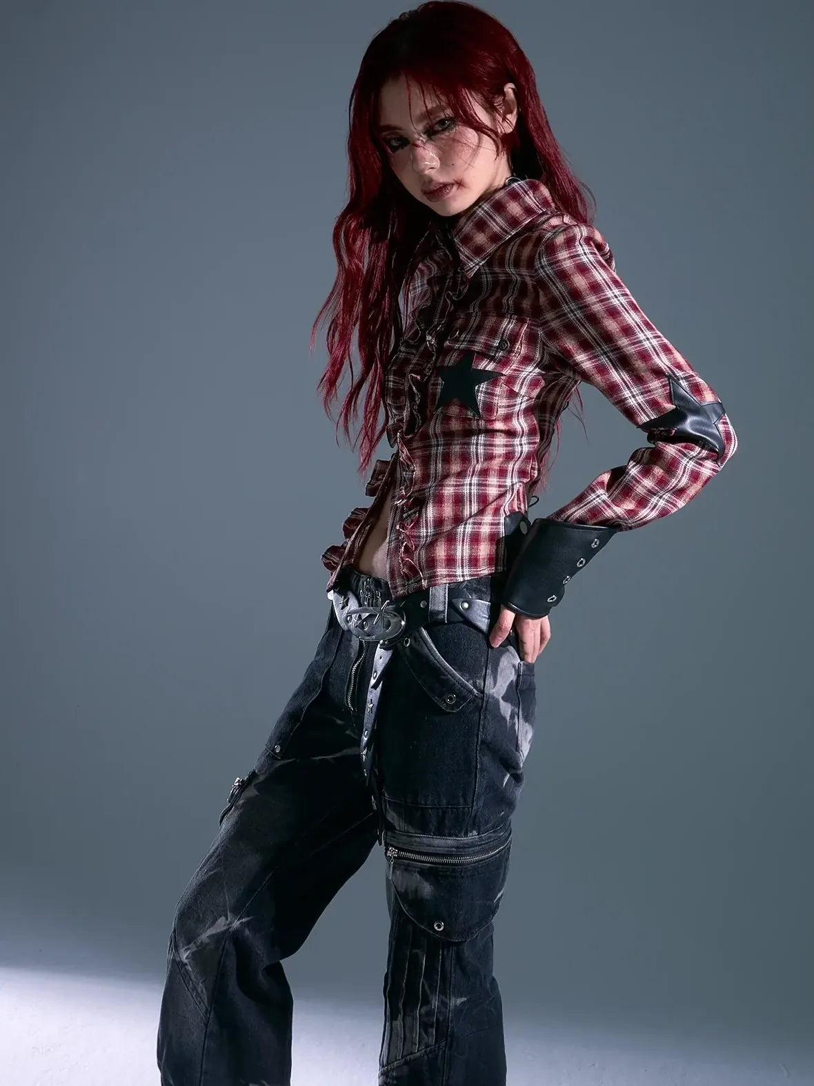 Punk Rock Check Star Shirt V-neck T-shirt Long Sleeve