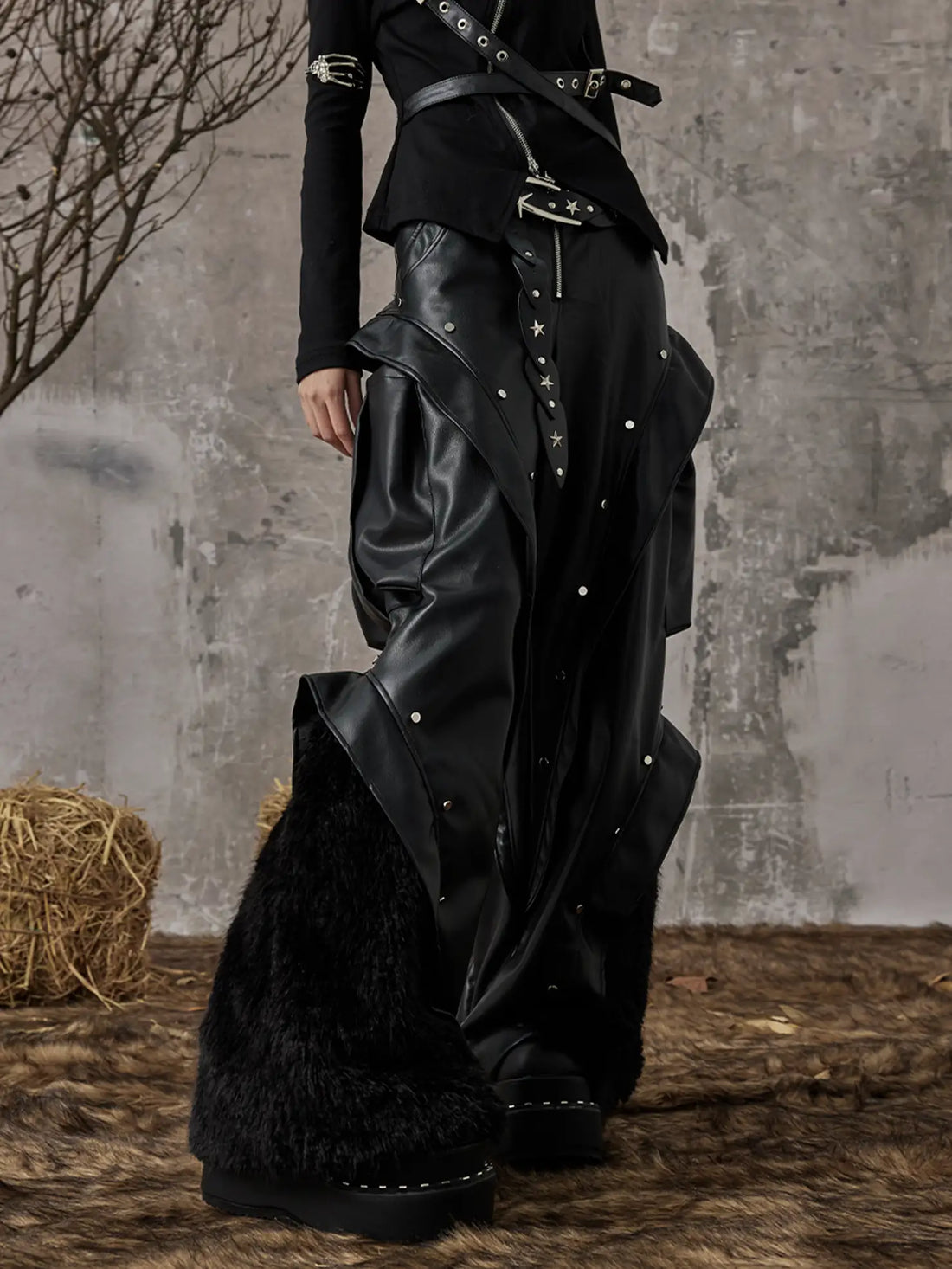 Punk Rock Heavyweight Fur Trimmed Leather Pants