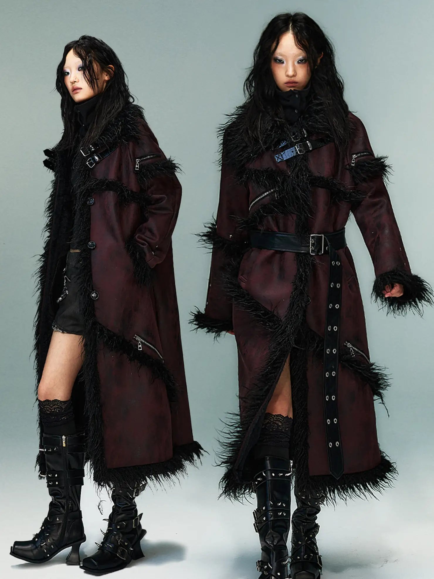 Frustration Garden Punk Rock Long Suede Eco Fur Trim Coat