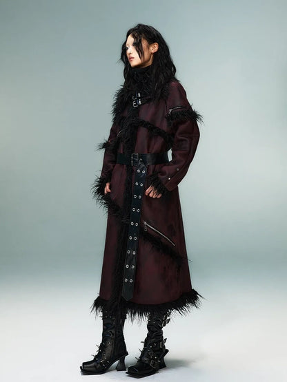 Frustration Garden Punk Rock Long Suede Eco Fur Trim Coat