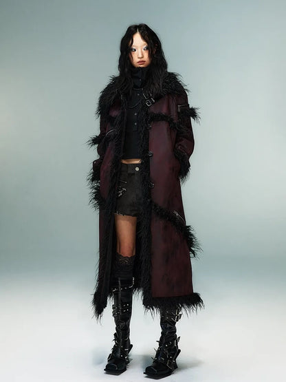 Frustration Garden Punk Rock Long Suede Eco Fur Trim Coat