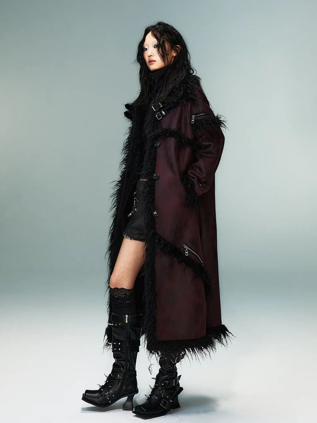 Frustration Garden Punk Rock Long Suede Eco Fur Trim Coat