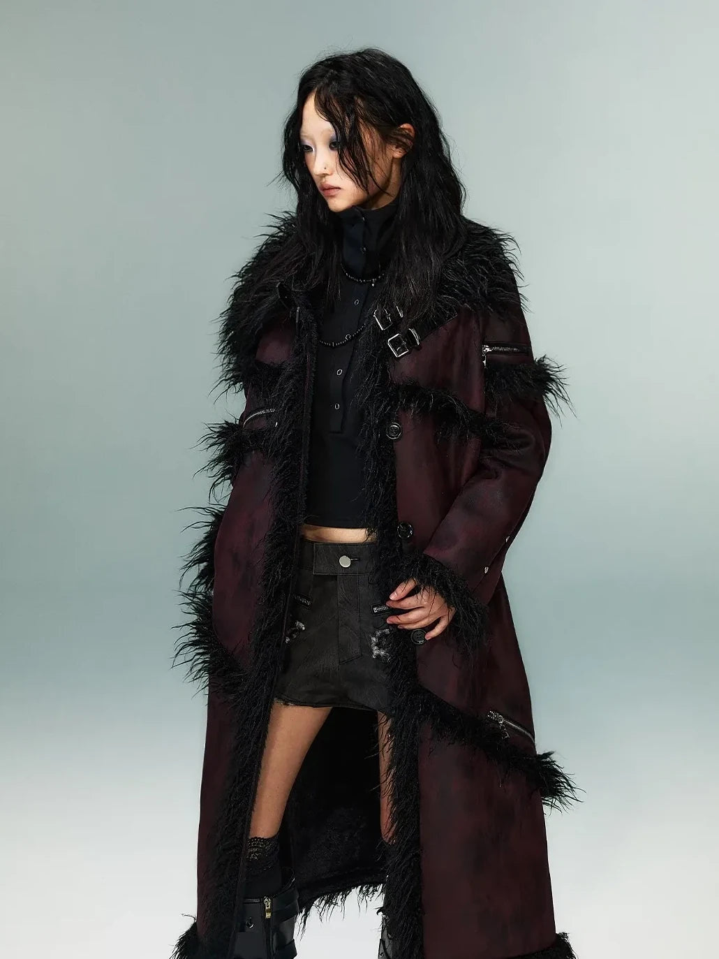 Frustration Garden Punk Rock Long Suede Eco Fur Trim Coat