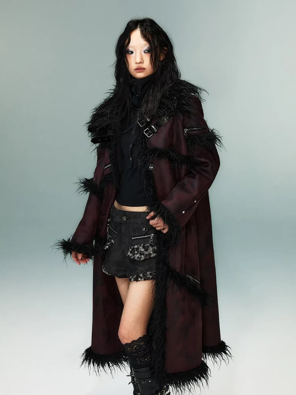 Frustration Garden Punk Rock Long Suede Eco Fur Trim Coat